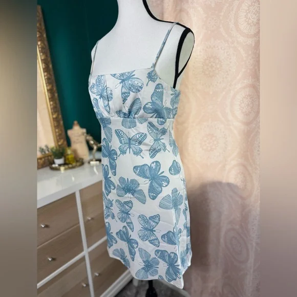 Shekou Butterfly Effect NWT 100% Satin Y2K Inspired Blue White Slip Dress - Picture 2 of 11